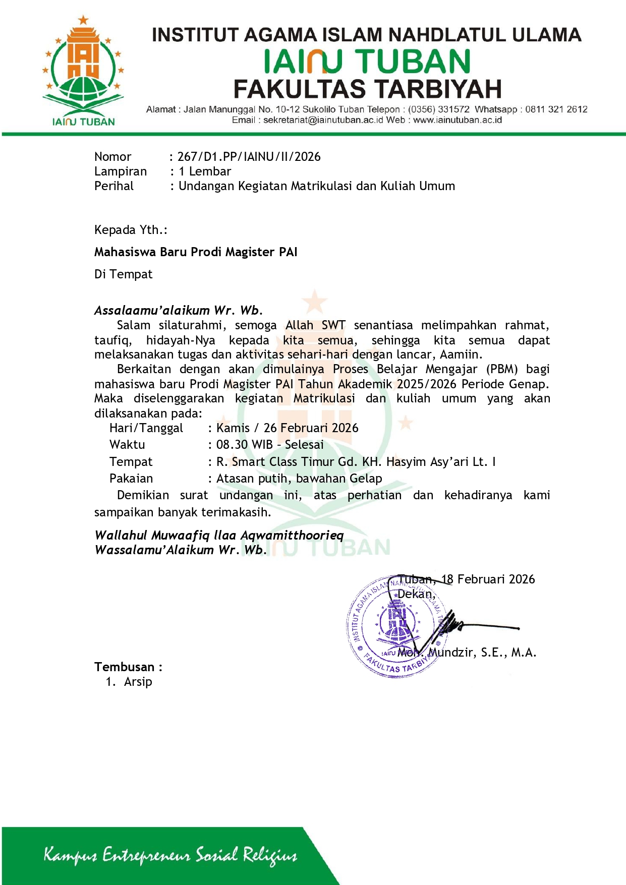 Undangan matrikulasi dan Kuliah Umum